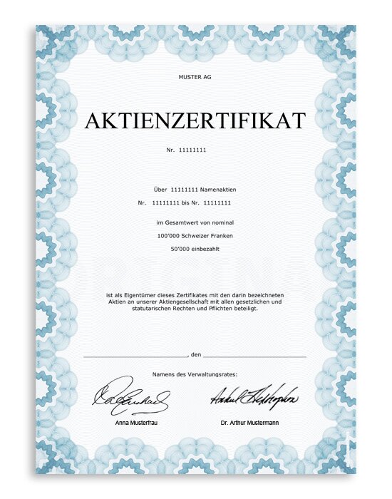 Vordruck Aktienzertifikat