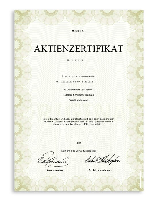 Vordruck Aktienzertifikat